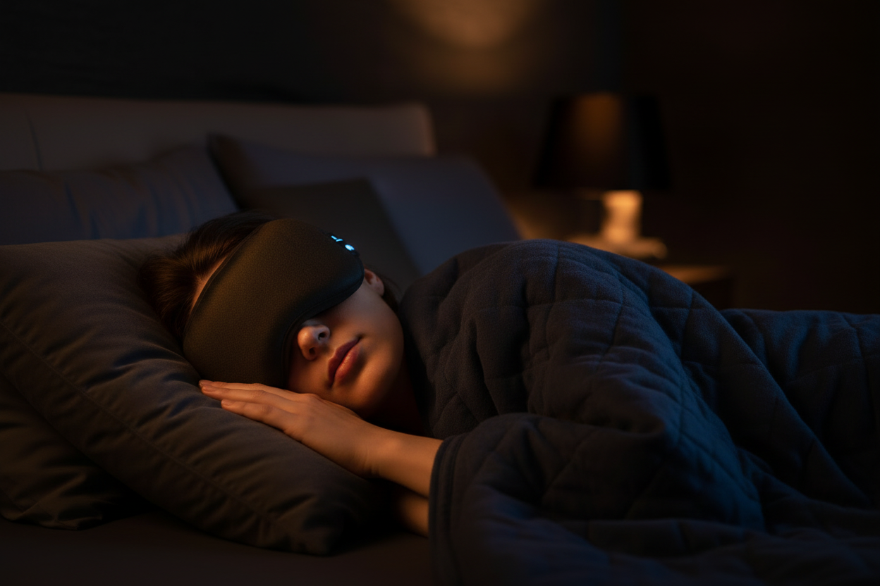 Person sleeping peacefully on their side wearing the RestMask Bluetooth sleep mask in a dark cozy bedroom with warm ambient lighting