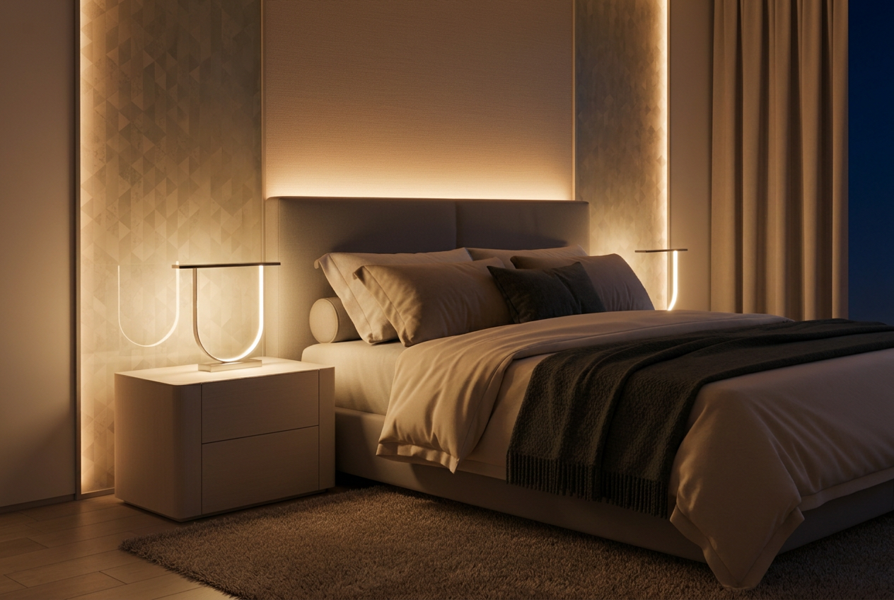 Bedroom restyled to match the warm RestBlanket product photography