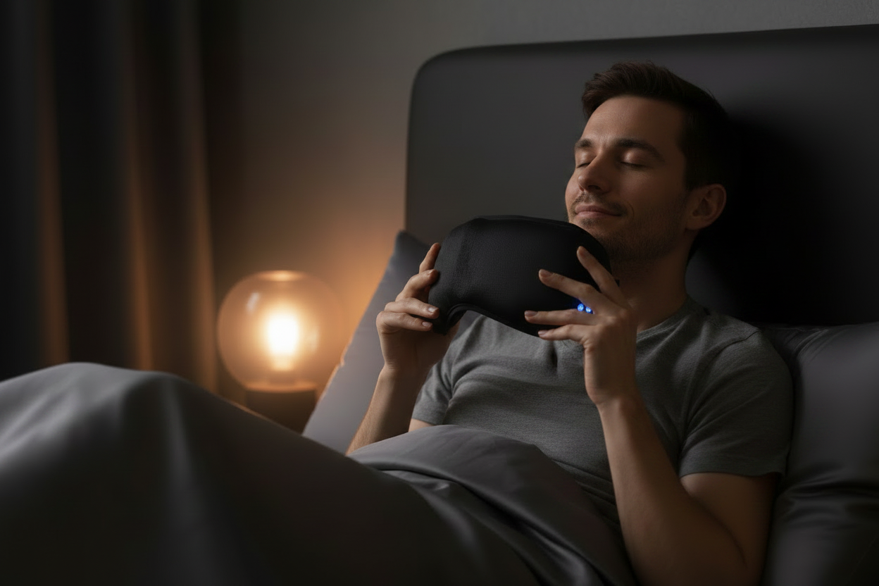 Man holding mask with controls