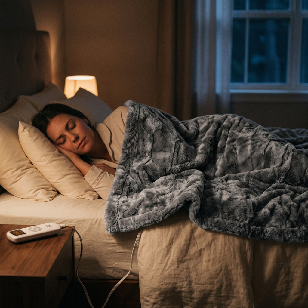 Woman sleeping under the RestBlanket in a cozy nighttime bedroom