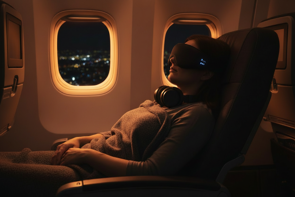 Woman with black sleep mask on plane